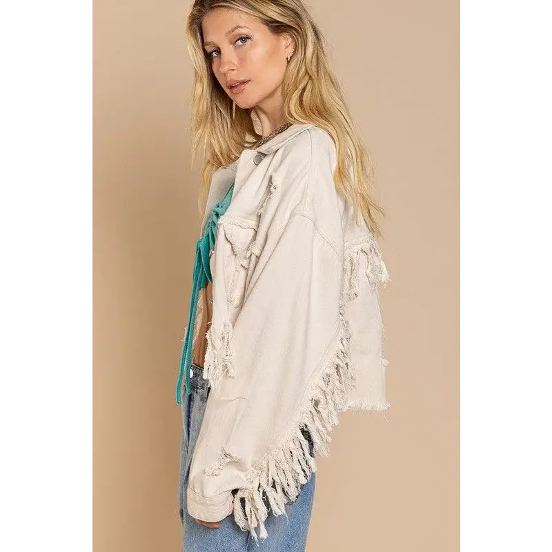 Fringe Distressed Crop Denim Jacket Jacket