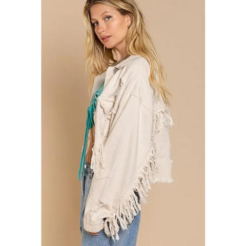 Fringe Distressed Crop Denim Jacket Jacket