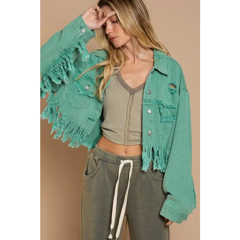 Fringe Distressed Crop Denim Jacket Jacket