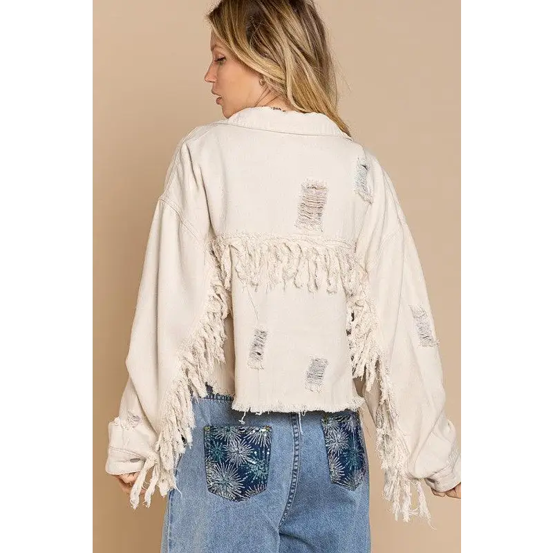 Fringe Distressed Crop Denim Jacket Jacket