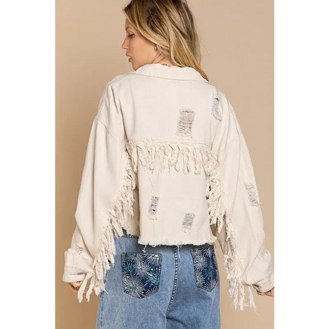 Fringe Distressed Crop Denim Jacket Jacket