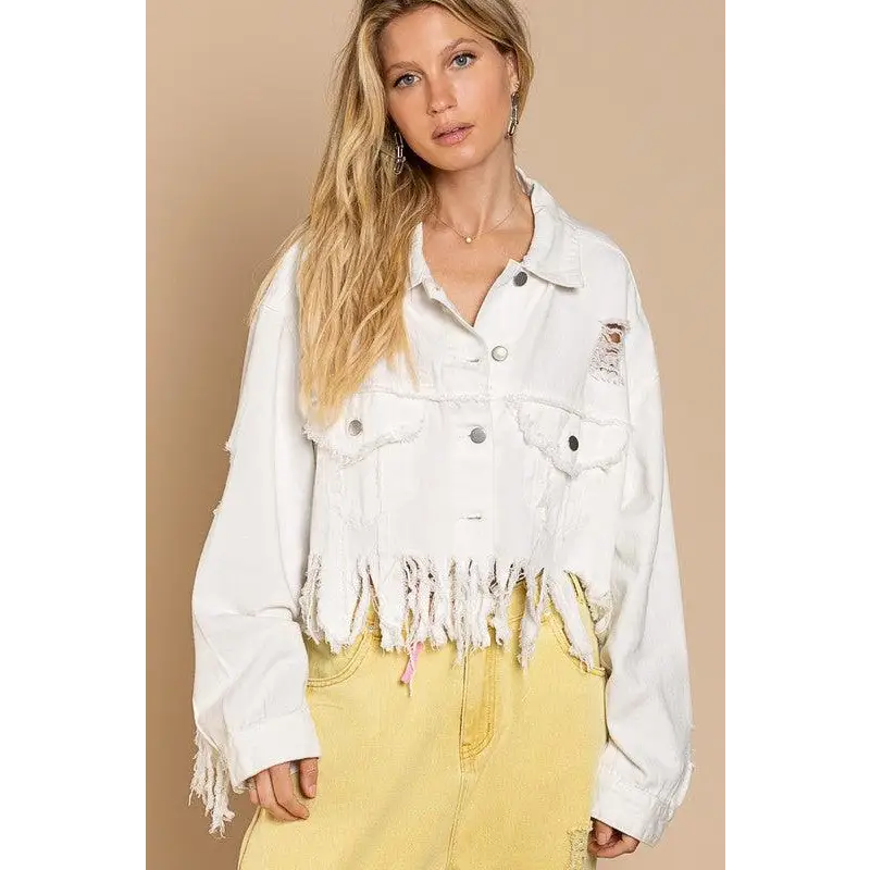 Fringe Distressed Crop Denim Jacket Jacket