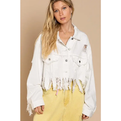 Fringe Distressed Crop Denim Jacket Jacket