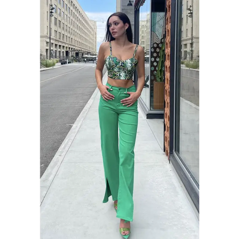 Front Slit Wide Leg Tencel Pants GREEN Pants