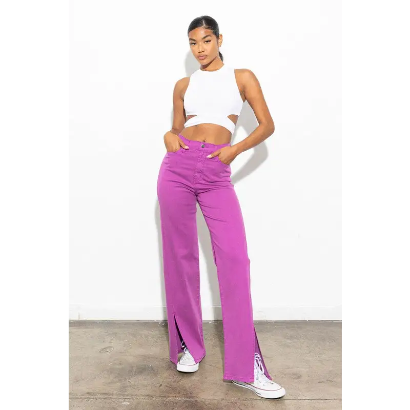 Front Slit Wide Leg Tencel Pants Purple Pants