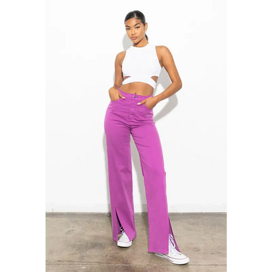 Front Slit Wide Leg Tencel Pants Purple Pants