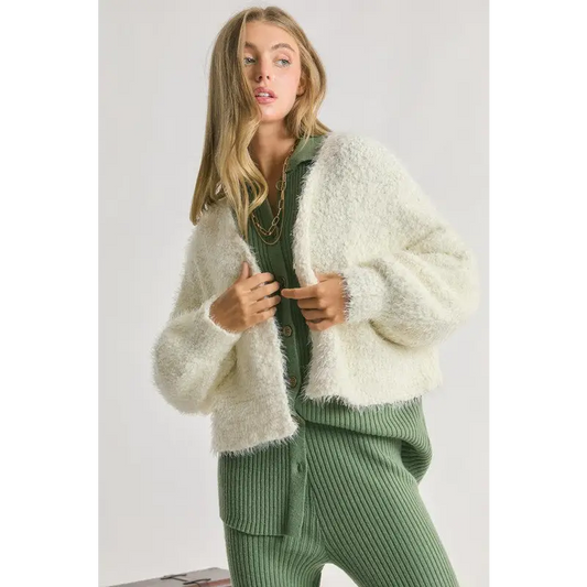 Fuzzy V Neck Cardigan Cream cardigan