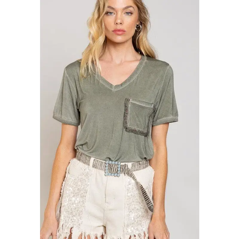 Girly Meets Basic Short Sleeve Top OLIVE Top