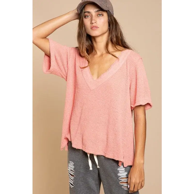 Half Sleeve V-neck Waffle Knit Top Top