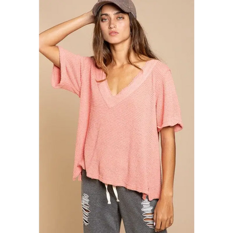 Half Sleeve V-neck Waffle Knit Top Top