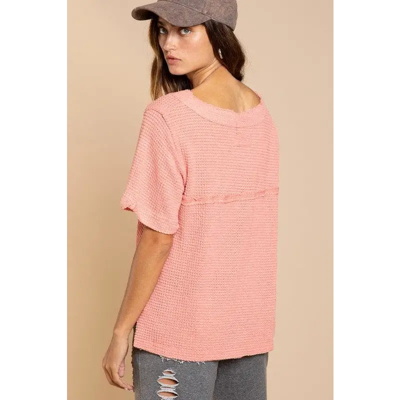 Half Sleeve V-neck Waffle Knit Top Top