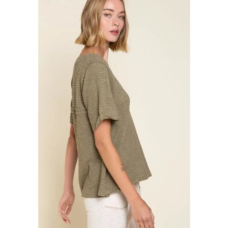 Half Sleeve V-neck Waffle Knit Top Top