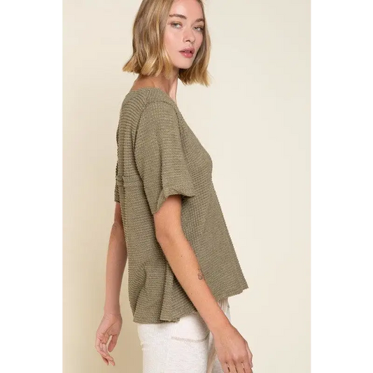 Half Sleeve V-neck Waffle Knit Top Top