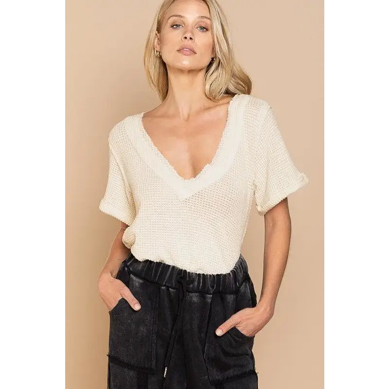 Half Sleeve V-neck Waffle Knit Top CREAM M Top