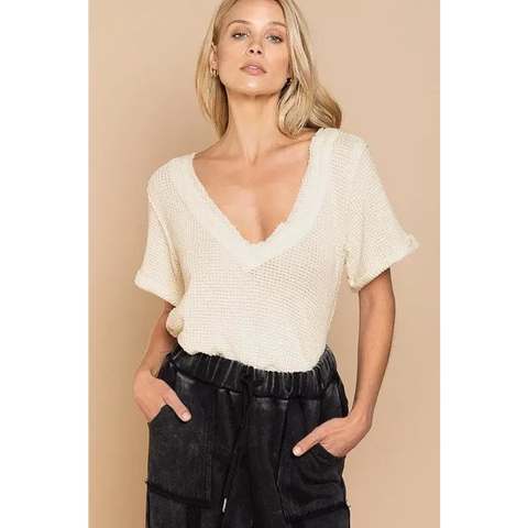 Half Sleeve V-neck Waffle Knit Top CREAM M Top