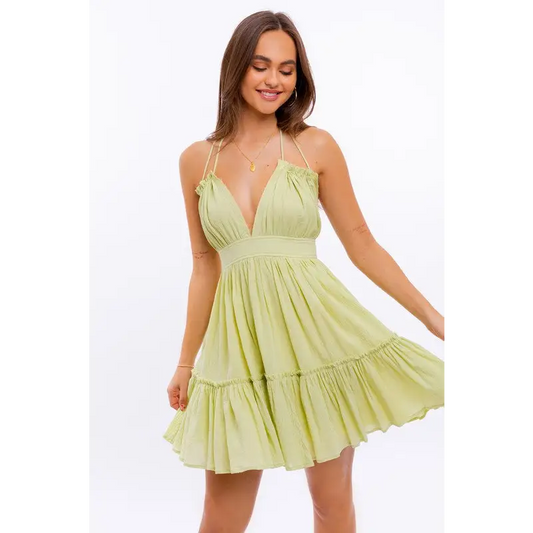 HALTER BABYDOLL TIERED MINI DRESS PISTACHIO Dress