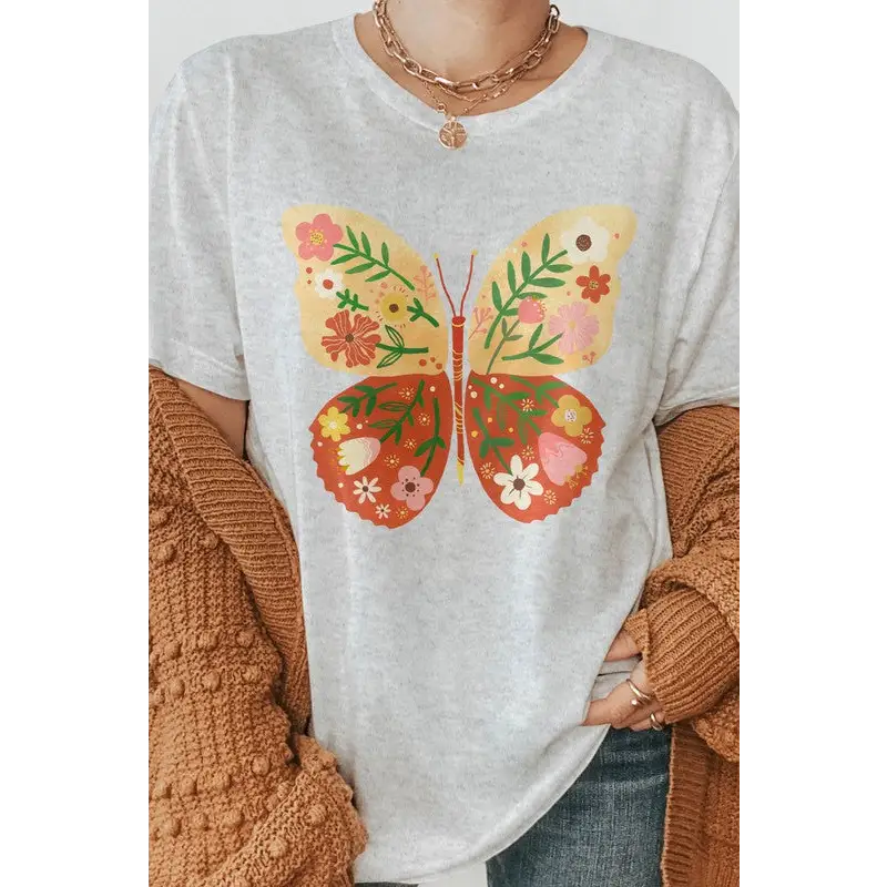 Hand Drawn Butterfly Floral Graphic Tee Ash Graphic Tee
