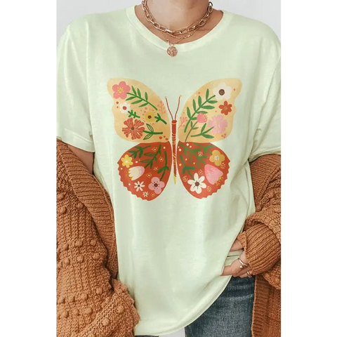 Hand Drawn Butterfly Floral Graphic Tee Citron Graphic Tee