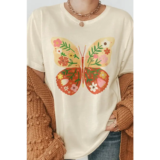 Hand Drawn Butterfly Floral Graphic Tee Natural Graphic Tee