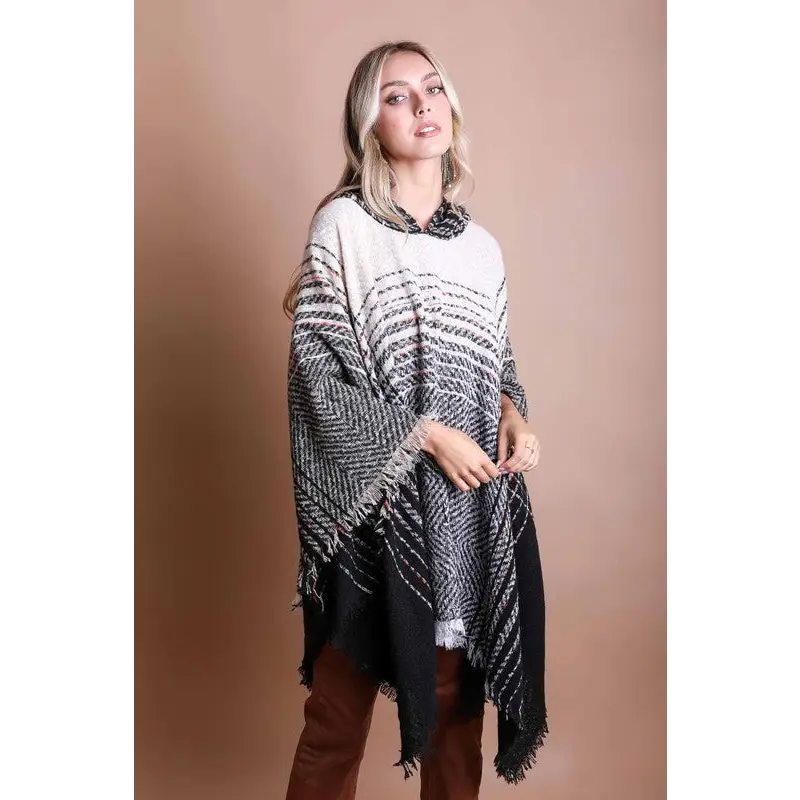 Herringbone Tweed Hooded Frayed Edge Poncho poncho