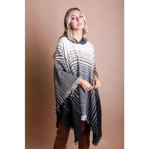 Herringbone Tweed Hooded Frayed Edge Poncho poncho