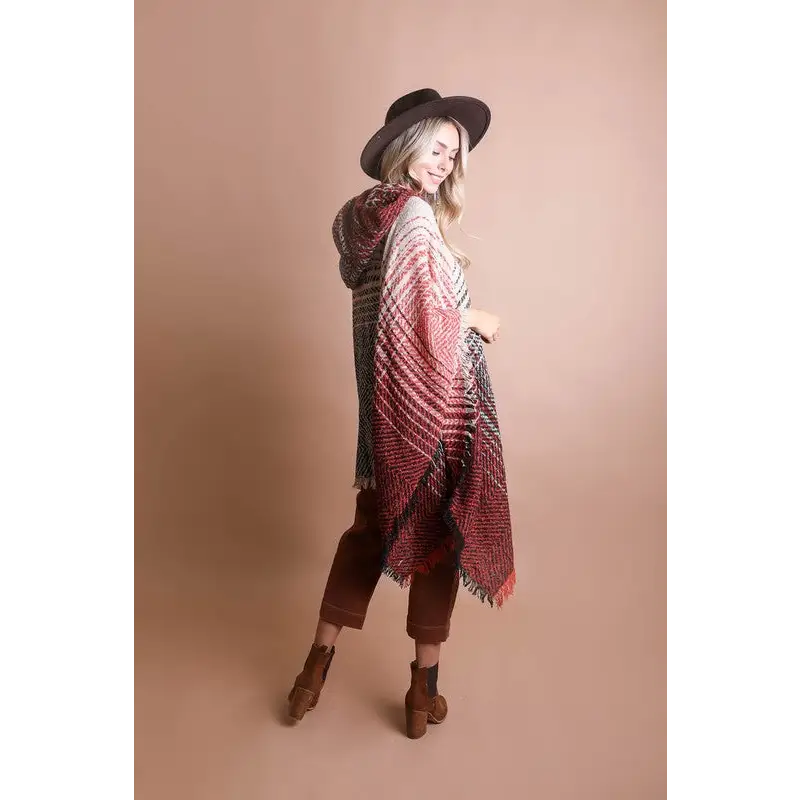 Herringbone Tweed Hooded Frayed Edge Poncho poncho