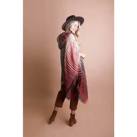 Herringbone Tweed Hooded Frayed Edge Poncho poncho