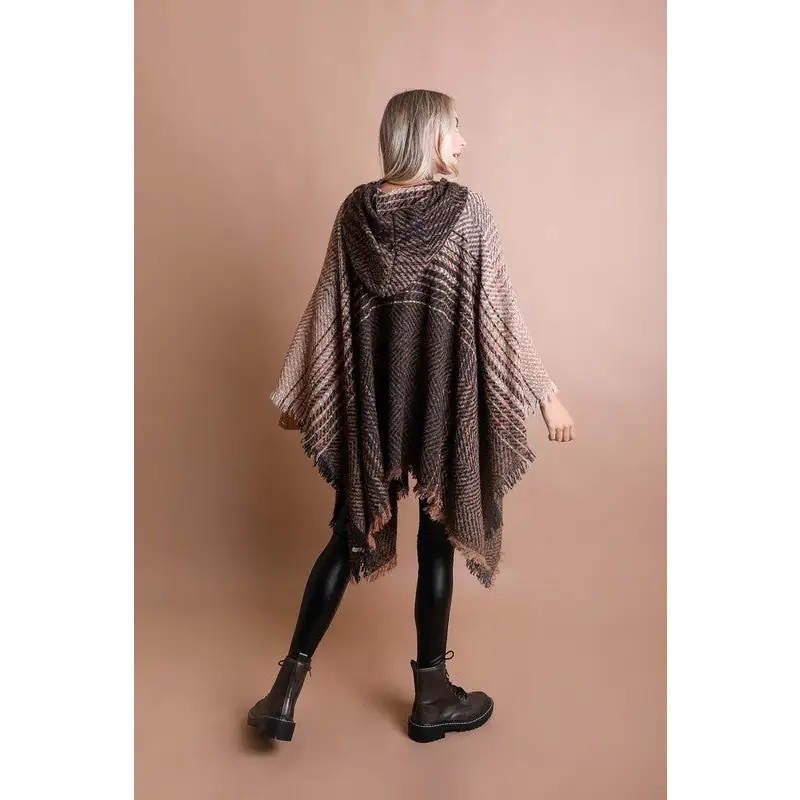 Herringbone Tweed Hooded Frayed Edge Poncho poncho