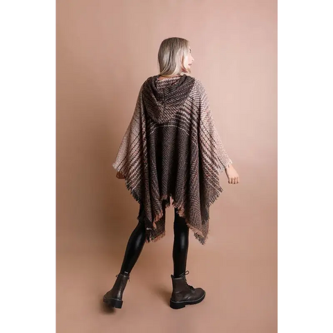 Herringbone Tweed Hooded Frayed Edge Poncho poncho