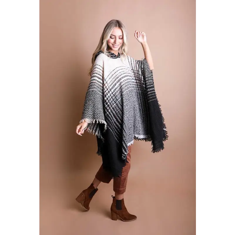 Herringbone Tweed Hooded Frayed Edge Poncho Black One Size poncho