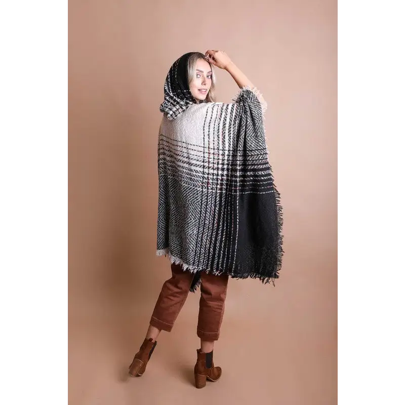 Herringbone Tweed Hooded Frayed Edge Poncho Mocha One Size poncho