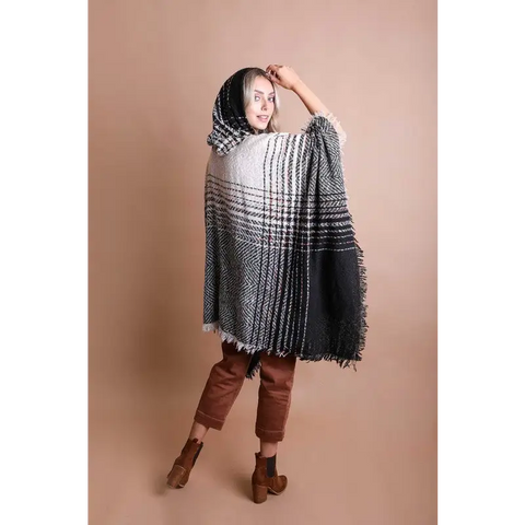 Herringbone Tweed Hooded Frayed Edge Poncho Mocha One Size poncho