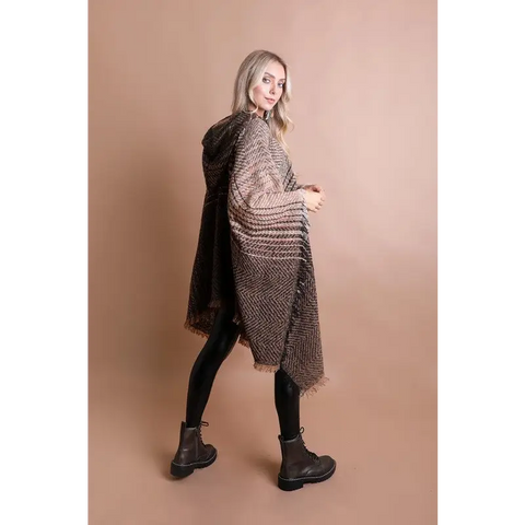 Herringbone Tweed Hooded Frayed Edge Poncho Rust One Size poncho