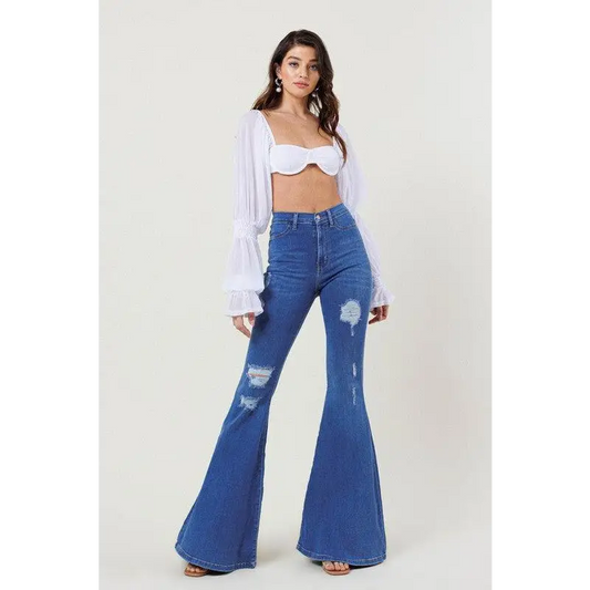 HIGH RISE DISTRESSED FLARE Medium Stone Jeans