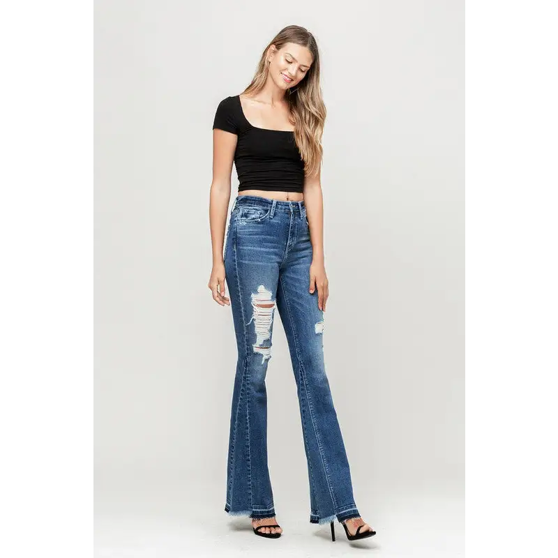 High Rise Distressed Released Hem Flare Jeans Jeans