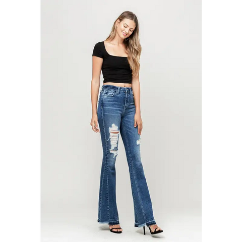 High Rise Distressed Released Hem Flare Jeans Jeans