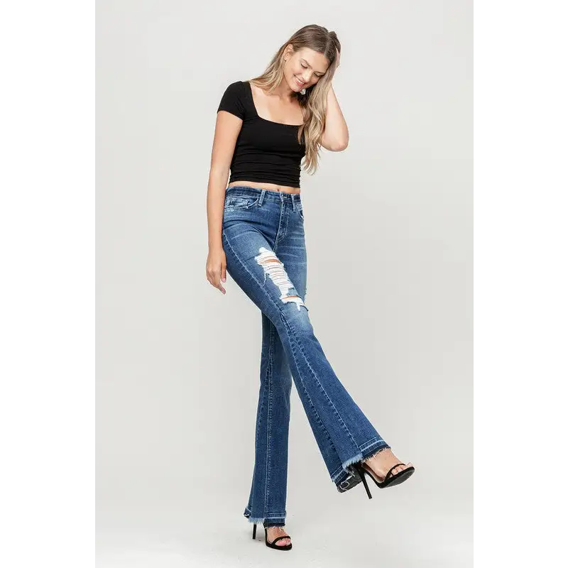 High Rise Distressed Released Hem Flare Jeans Jeans