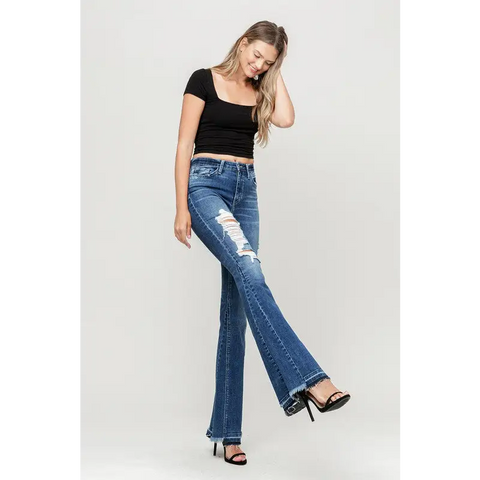 High Rise Distressed Released Hem Flare Jeans Jeans