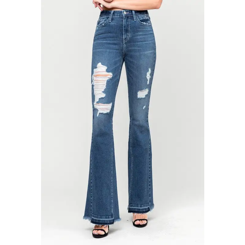 High Rise Distressed Released Hem Flare Jeans Jeans