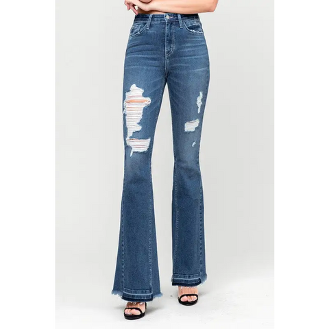 High Rise Distressed Released Hem Flare Jeans Jeans