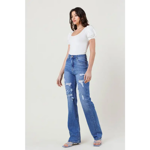 High Rise Distressed Straight Leg Jean Jeans