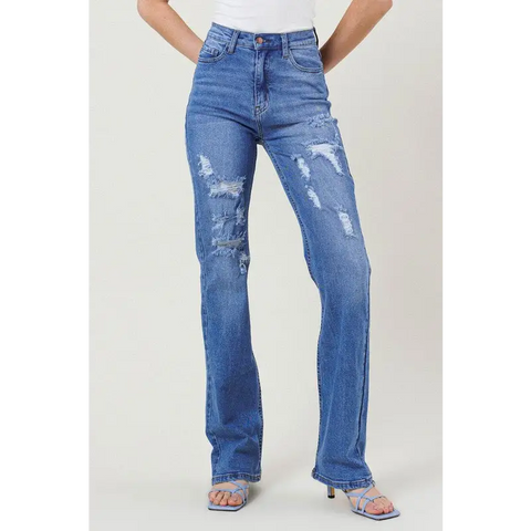 High Rise Distressed Straight Leg Jean Medium Stone Jeans