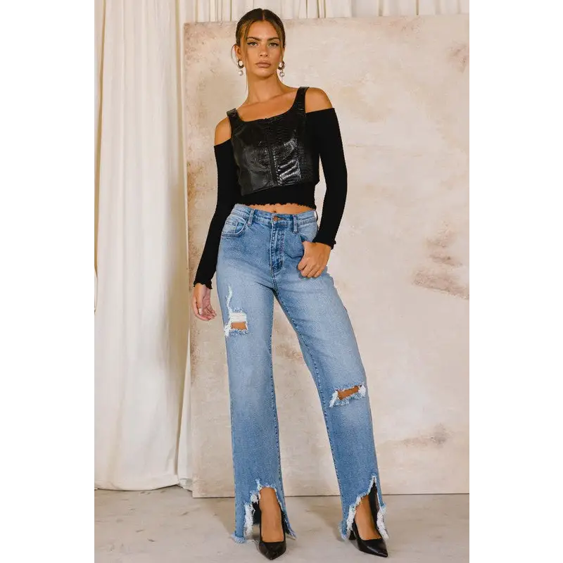 High Rise Distressed Wide Jeans Medium Stone Jeans