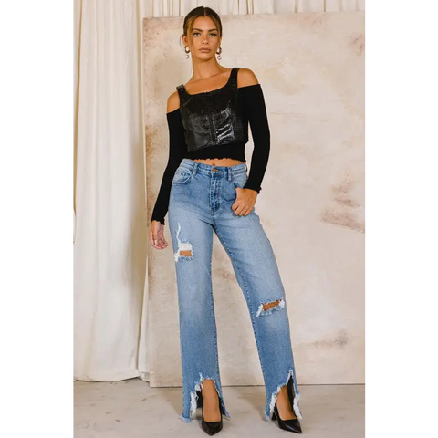 High Rise Distressed Wide Jeans Medium Stone Jeans