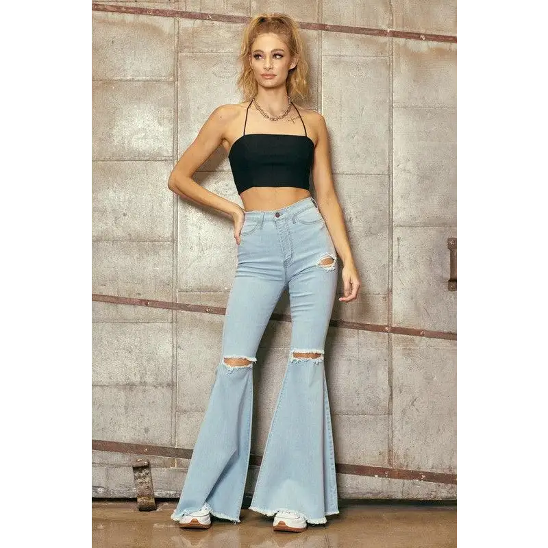 HIGH WAISTED FLARE W DISTRESS DETAIL Light Stone Jeans