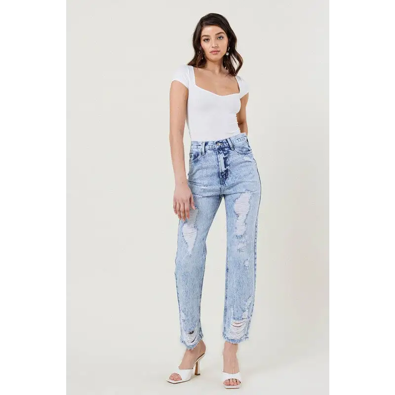 High Waisted Straight Leg Acid Wash Jean Jeans