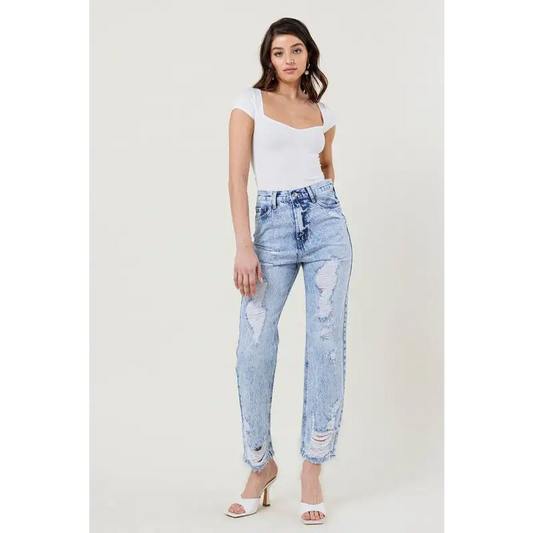 High Waisted Straight Leg Acid Wash Jean Jeans