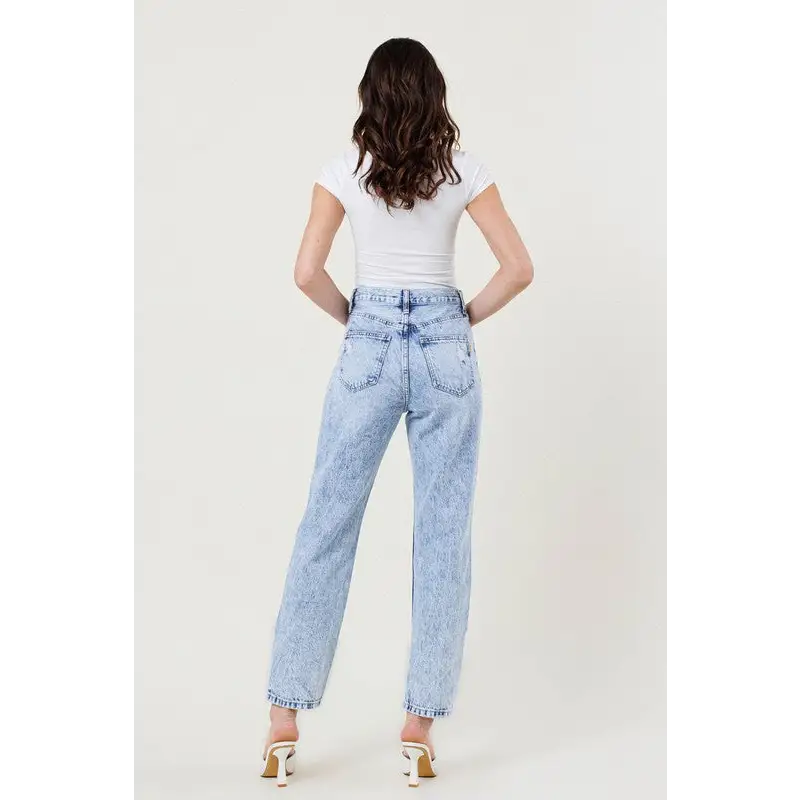 High Waisted Straight Leg Acid Wash Jean Jeans