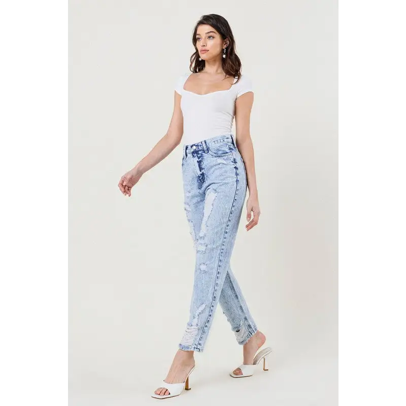 High Waisted Straight Leg Acid Wash Jean Jeans