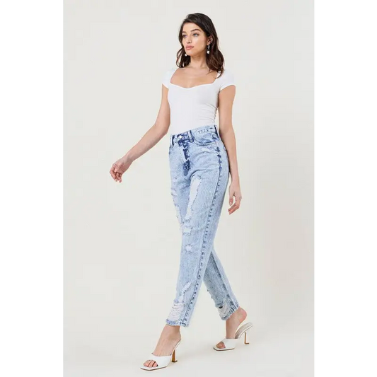 High Waisted Straight Leg Acid Wash Jean Jeans